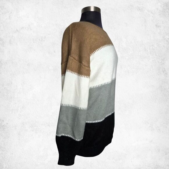 Angashion Colorblock Sweater XL – Neutral Brown Gray Black Knit Pullover - Picture 3 of 7